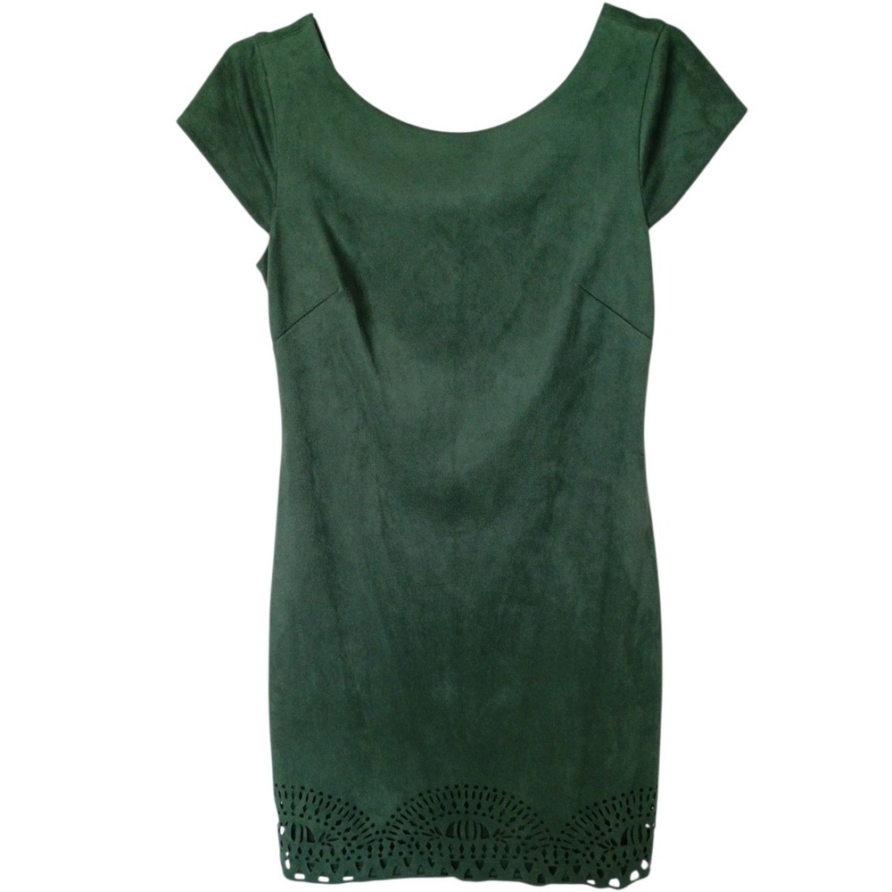 Vintage Vince Camuto Green Faux Suede Mini Dress Laser Cut V-Back Zipper S